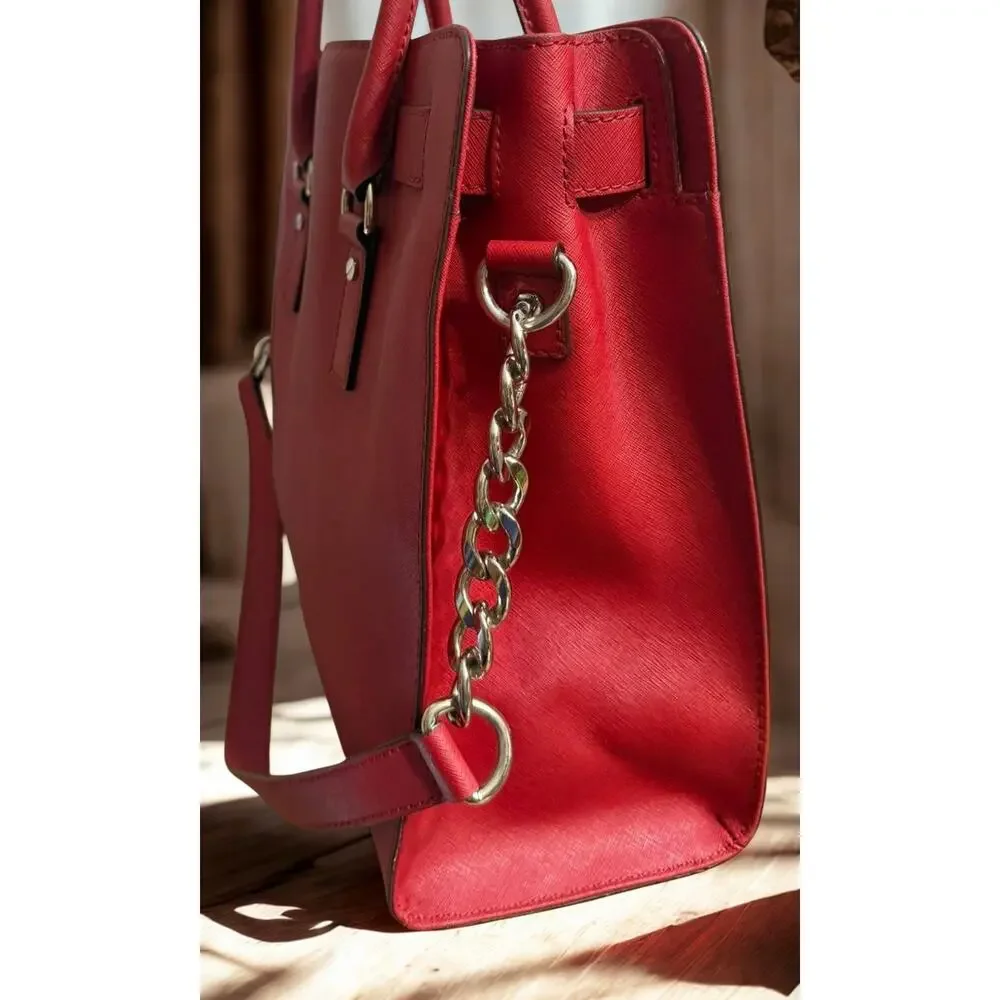 Michael Kors Hamilton Bag In Red Leather With Silver Accents And Key Lock